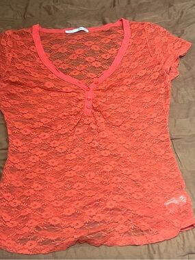 Maurices red Lace Short Sleeve Henley Top